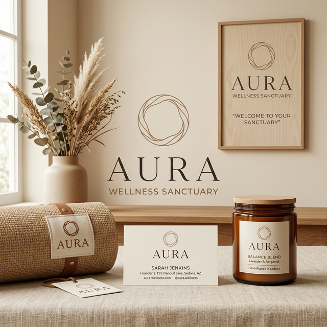 Branding orgánico y zen para Aura Wellness Sanctuary - Identidad visual para estudio de yoga con tonos tierra
